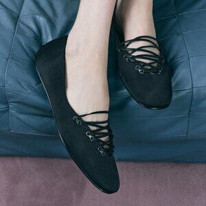 ZARA Satin Effect Ballet Flats Black Size 8 Crisscross Lace-Up Chic Trendy